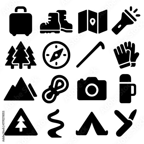 Essential tools for adventure: Explore the great outdoors with this collection of vital equipment, each icon representing a key element for a safe and enriching journey.