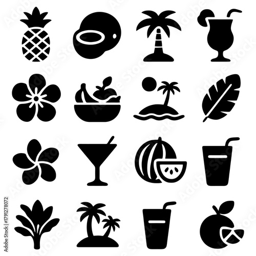 Tropical Delights: A collection of meticulously crafted, elegant monochrome icons, celebrating the essence of tropical fruits, vibrant cocktails, and the serene beauty of palm trees under the sun. 