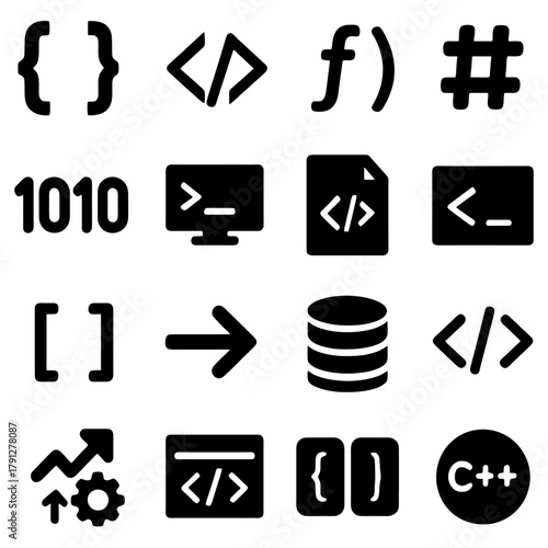 Coding Elements: A visual collection of essential symbols and elements used in computer programming. The collection represents the fundamental building blocks of writing and interpreting code.