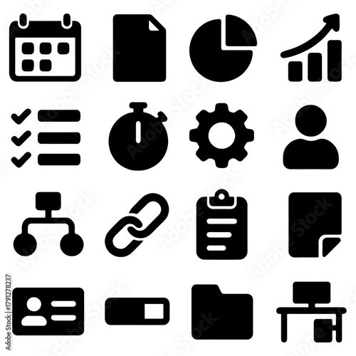 Icons of Productivity: A collection of meticulously crafted, black and white business and workflow icons. They represent various aspects of organization, data, and daily task management.