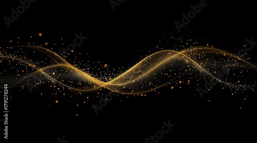 Luxurious golden glitter waves with glowing particles and sparkling stardust trails on a black background, abstract shimmering light design with luminous star effects for elegant and premium backgroun