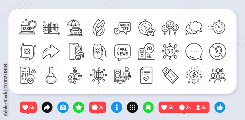 Money profit, Diagram chart and Fake internet line icons pack. Social media: share, comment, like icons. Approved checklist, Chemistry lab, Fake news web icon. Reject, Web3, Timer pictogram. Vector