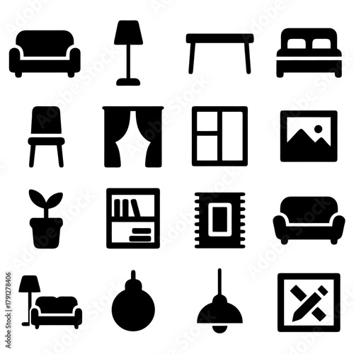 Furnishing Icons: A compilation of essential furnishings displayed as simple, clean icons, highlighting the elegance and simplicity of interior design essentials.