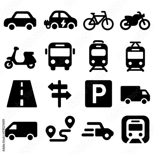 Transportation Icon Set: A comprehensive collection of iconic symbols representing various modes of transportation. 