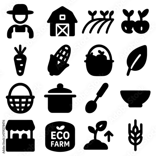 Farm Icons: A set of essential farm icons, capturing the essence of rural life, farming practices, and the bounty of the land. They symbolize agriculture and the organic growth.
