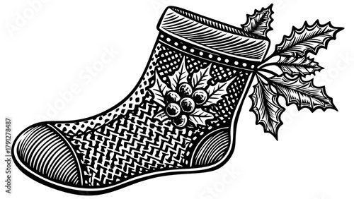 Very beautiful intricately engraved Christmas stocking with knit texture and holly accent for holiday design, featuring detailed linework, realistic knitted patterns, festive holly leaves and berries,