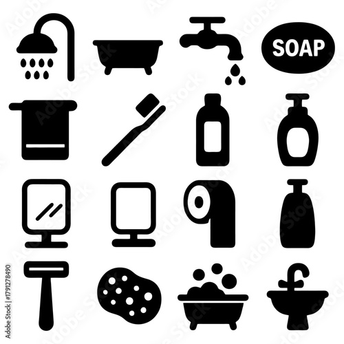 Bath Essential Icons: A comprehensive set of black silhouettes representing essential bathroom items. The clean, minimalist design captures the essence of functionality and hygiene.