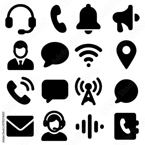 Communication Icons: A collection of concise icons elegantly presents various facets of digital and physical communication, each a testament to seamless interaction.