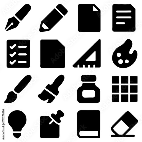 Artistic Tools and Icons: A captivating collection of essential creative tools, thoughtfully designed as bold black icons. Perfect for design, art, and creative pursuits.