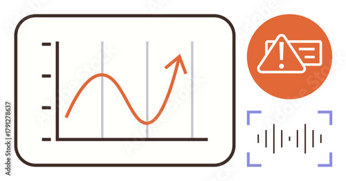 Line graph with upward trend, alert warning icon, and sound wave symbol representing analytics, monitoring, risk management. Ideal for data tracking, warning systems, predictions, statistics