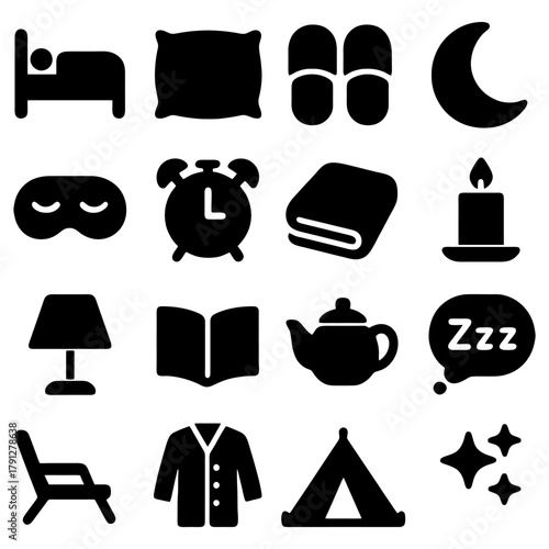 Sleep Essentials Collection: A curated collection of icons representing the essential elements for a peaceful and restful night, encompassing elements like sleep, relaxation, and tranquility.