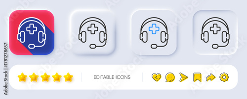 Medical support line icon. Neumorphic, Flat shadow, 3d buttons. Emergency call sign. Medicine headset symbol. Line medical support icon. Social media icons. Vector