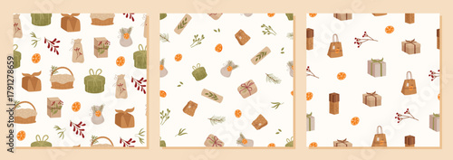 Modern seamless pattern with craft gift box set in kraft and eco style. Present and package repeat in trendy background, perfect for christmas holiday projects, with graphic elements neutral tones.