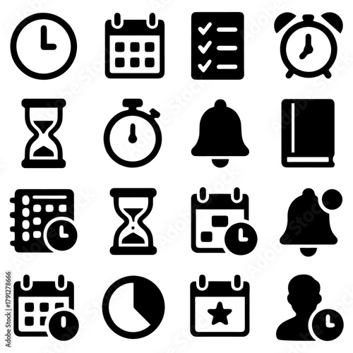 Timely Chronicles: Collection of clocks and calendar icons. Showcasing a variety of time and date symbols, perfect for projects related to planning, scheduling, and time management. 