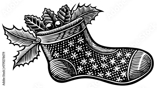 Very beautiful intricately engraved Christmas stocking with knit texture and holly accent for holiday design, featuring detailed linework, realistic knitted patterns, festive holly leaves and berries,