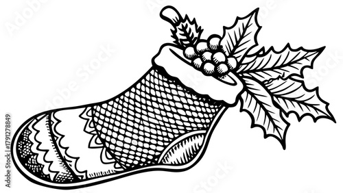 Very beautiful intricately engraved Christmas stocking with knit texture and holly accent for holiday design, featuring detailed linework, realistic knitted patterns, festive holly leaves and berries,