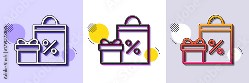 Gift box with Shopping bag line icon. Halftone dotted pattern. Gradient icon with grain shadow. Present or Sale sign. Birthday Shopping with Discounts symbol. Package in Gift Wrap. Vector
