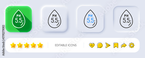 Ph neutral line icon. Neumorphic, Flat shadow, 3d buttons. Clinically tested sign. Water drop symbol. Line ph neutral icon. Social media icons. Vector