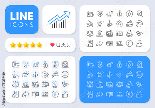 Online loan, Deflation and Meeting line icons for web app. Message, Share, Like social media icons. Pack of Contactless payment, Food donation, Bitcoin system pictogram icons. Vector