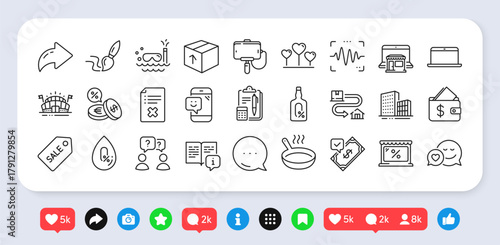 Dating, Wallet and Marketplace line icons pack. Social media: share, comment, like icons. Currency exchange, Voice wave, Scuba diving web icon. Alcohol free, Frying pan, Manual pictogram. Vector