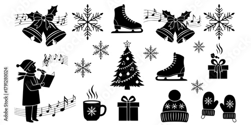 A comprehensive collection of outline and solid fill christmas icons featuring Santa Claus's head and a chimney with gifts a sleigh laden with presents festive winter boots and a sack of parcels