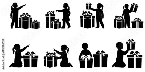A collection of cheerful young girl silhouettes interacting with festive gift boxes