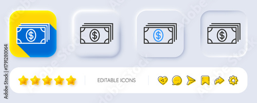 Cash money line icon. Neumorphic, Flat shadow, 3d buttons. Banking currency sign. Dollar or USD symbol. Line banking icon. Social media icons. Vector