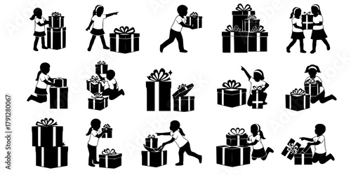 A collection of cheerful young girl silhouettes interacting with festive gift boxes