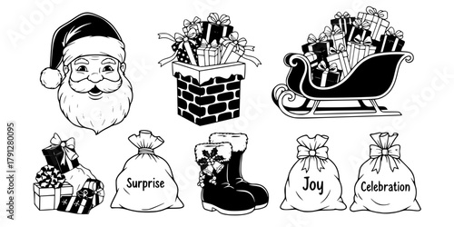 A comprehensive collection of outline and solid fill christmas icons featuring Santa Claus's head and a chimney with gifts a sleigh laden with presents festive winter boots and a sack of parcels