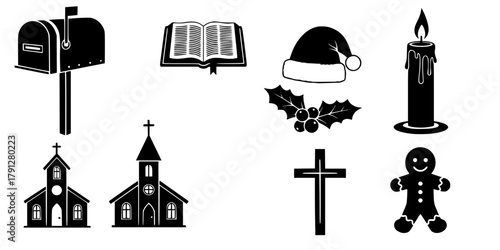 Collection of diverse black silhouette icons for holiday and religious themes featuring mailbox bible candle santa hat church holly cross gingerbread man