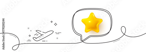 Plane line icon. Continuous line with 3d star. Airport transport sign. Airplane flight symbol. 3d star in speech bubble. Plane single line ribbon. Loop curve pattern. Vector