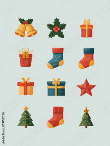 Festive Christmas icons gifts, trees, bells, and stockings.