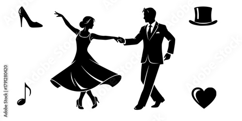 Elegant vector silhouette of a dancing couple in a modern pose. Ideal for social dance promotions