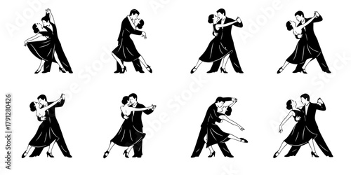 Elegant vector silhouette of a dancing couple in a modern pose. Ideal for social dance promotions