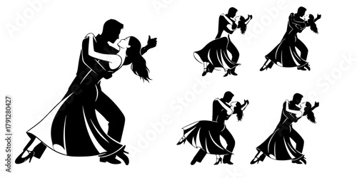 Elegant vector silhouette of a dancing couple in a modern pose. Ideal for social dance promotions