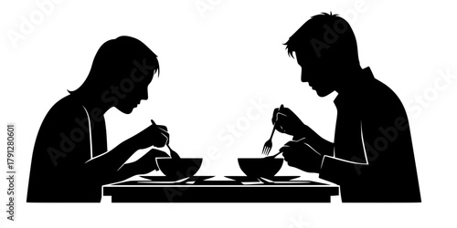 Silhouette of two people sitting at a table eating food with cutlery and bowls, a simple black and white illustration