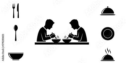 Silhouette of two people sitting at a table eating food with cutlery and bowls, a simple black and white illustration
