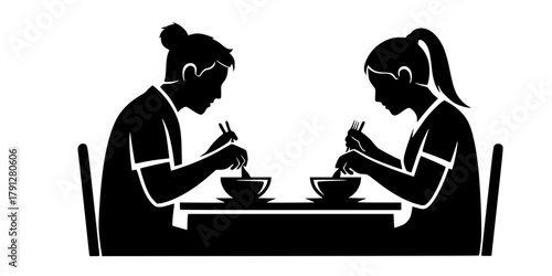 Silhouette of two people sitting at a table eating food with cutlery and bowls, a simple black and white illustration