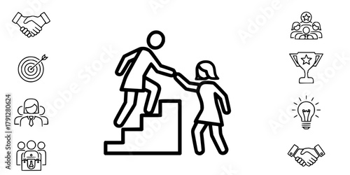 Stylized line art illustration of one person helping another climb a set of stairs symbolizing teamwork support and achieving goals together