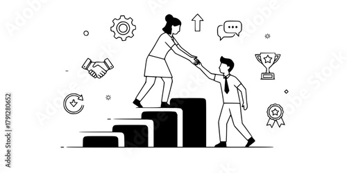Stylized line art illustration of one person helping another climb a set of stairs symbolizing teamwork support and achieving goals together