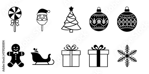 Festive season holiday christmas icon set featuring essential winter elements like candy cane lollipop stylized tree ornate bauble Santa's sleigh gingerbread man 