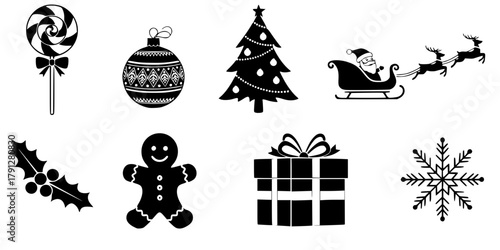Festive season holiday christmas icon set featuring essential winter elements like candy cane lollipop stylized tree ornate bauble Santa's sleigh gingerbread man 