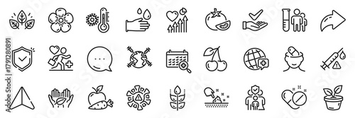 Dermatologically tested, World medicine and Cherry line icons pack. Share, Message, Paper plane icons. Vaccine attention, Skin moisture, Coronavirus web icon. Vector