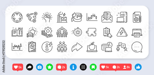 Electricity factory, Inclusion and Checklist line icons pack. Social media: share, comment, like icons. Timer, Stock analysis, Money web icon. Puzzle, Report, Credit card pictogram. Vector