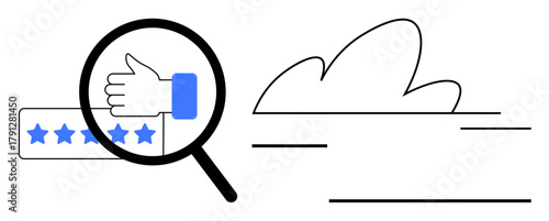 Magnifying glass focuses on thumbs-up with five-star rating, representing customer feedback, quality assurance, satisfaction rating, and review analysis. Ideal for evaluation, trust, reliability