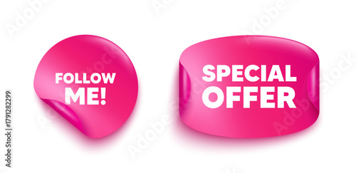 Follow me sticker banner. Paper price label. Follow me tag. Special offer sign. Super offer symbol. Paper sticker with message. Offer label banner. Vector