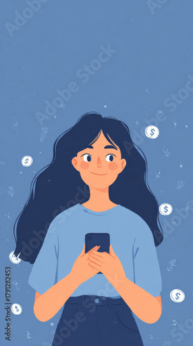 Girl with smartphone surrounded by white coins. Financial flow.