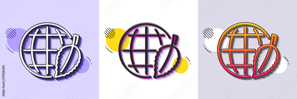 Fototapeta premium Globe with leaf line icon. Halftone dotted pattern. Gradient icon with grain shadow. World sign. Environment day symbol. Line environment day icon. Various designs. Vector