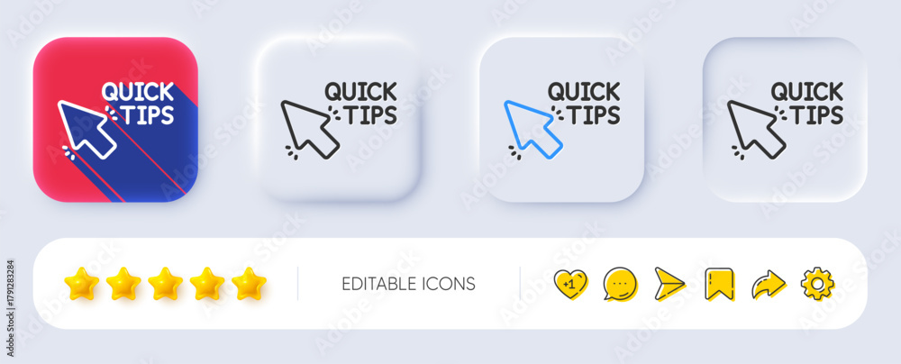 Fototapeta premium Quick tips click line icon. Neumorphic, Flat shadow, 3d buttons. Helpful tricks sign. Line quick tips icon. Social media icons. Vector