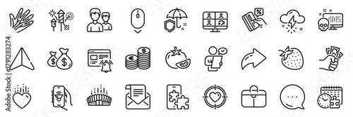 Coins bags, Currency and Tomato line icons pack. Share, Message, Paper plane icons. Music app, Video conference, Couple web icon. Fraud, Scroll down, Customer survey pictogram. Vector